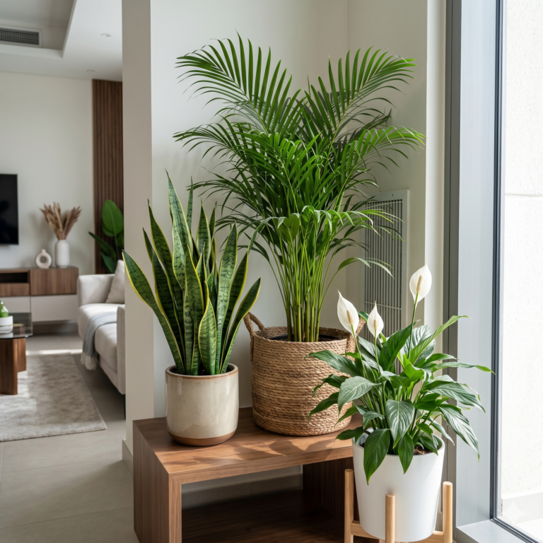 Indoor plants like snake plant, areca palm, and peace lily placed near an AC vent in a modern UAE living room with soft natural light and visible dust on leaves