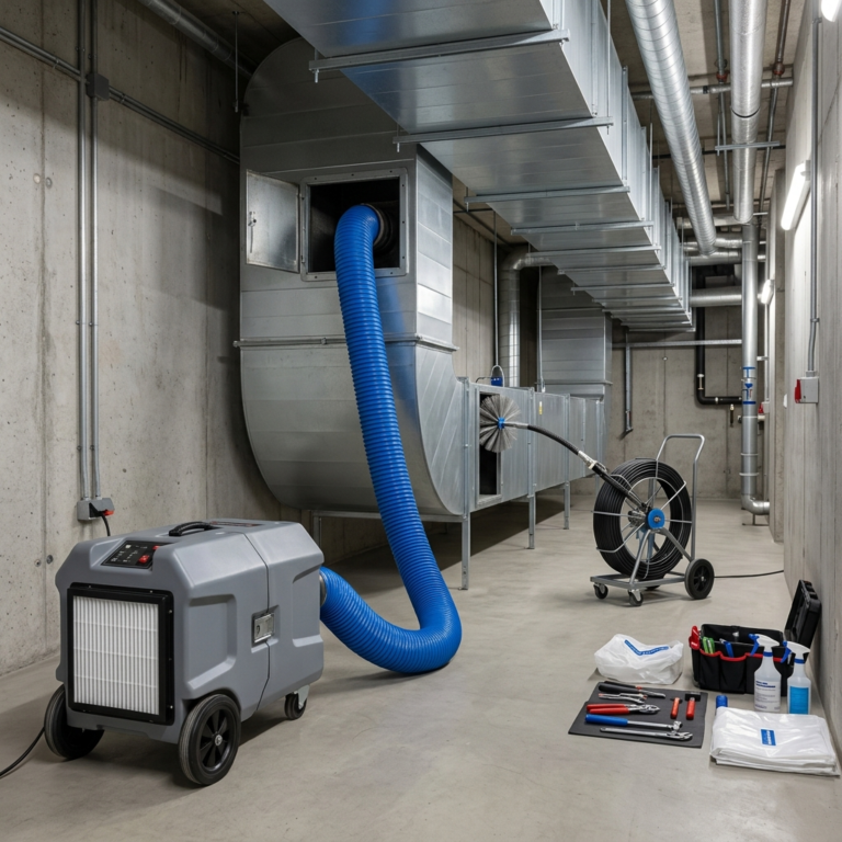 Industrial HVAC duct cleaning with negative air machine and rotary brush setup in a clean, technical environment