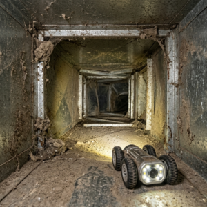 Industrial HVAC duct interior with visible dust buildup, robotic inspection camera view, metallic ducts, realistic lighting, high detail, no people
