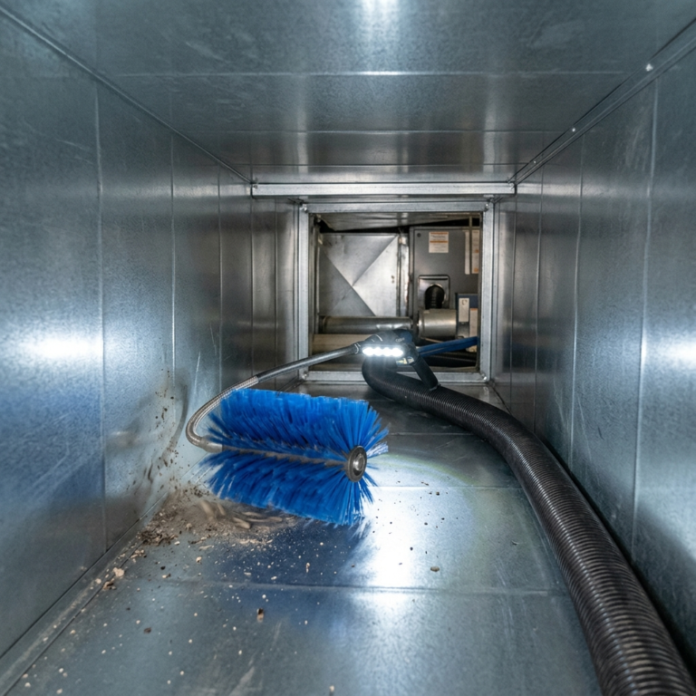 Industrial air duct cleaning with rotating brush and HEPA vacuum inside metallic HVAC ducts, realistic lighting, highly detailed, no people