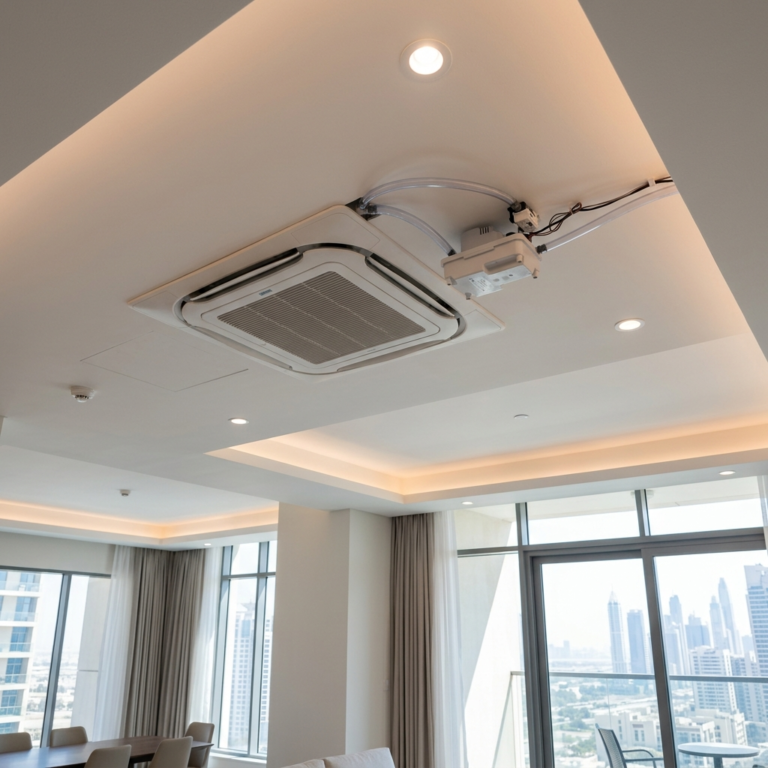 Installed AC drain pump with tubing and wiring in ceiling