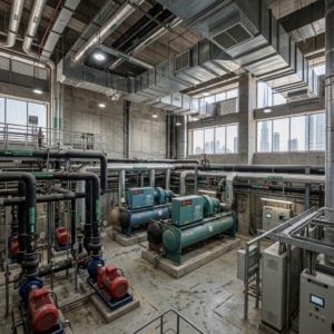 Large UAE HVAC plant room with chillers pumps piping insulation and duct systems realistic industrial lighting no people