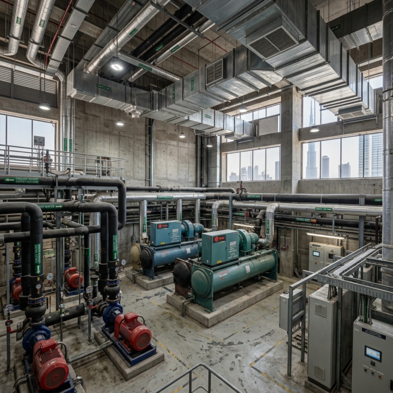 Large UAE HVAC plant room with chillers pumps piping insulation and duct systems realistic industrial lighting no people