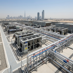 Large industrial cooling system in UAE facility with chillers, pipelines, and rooftop units in a clean structured layout, realistic lighting, no people