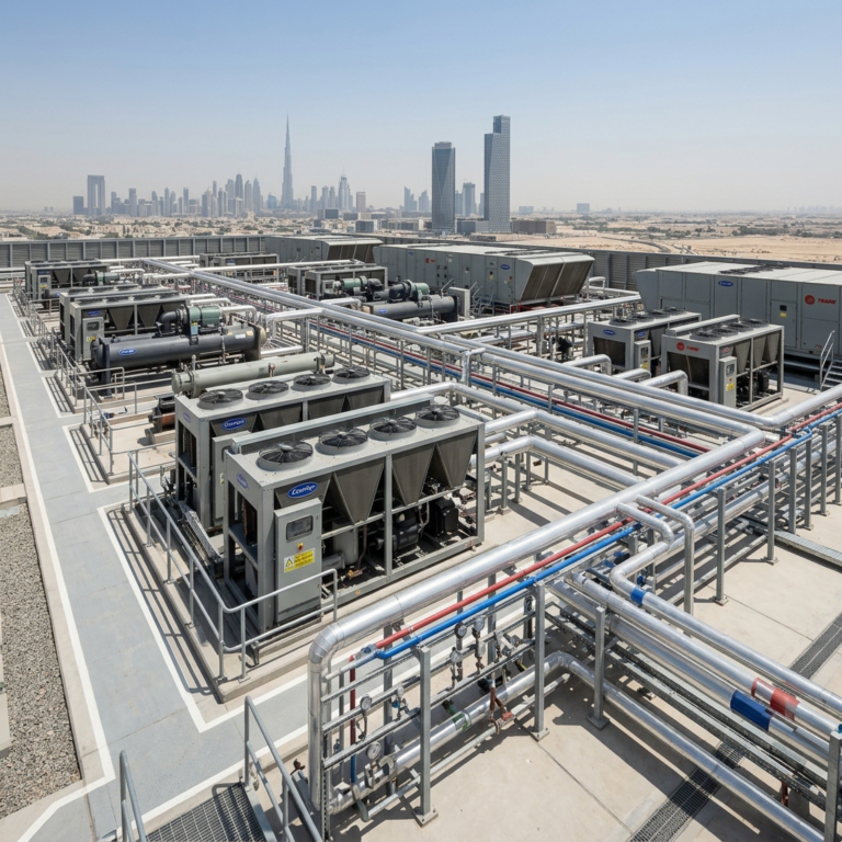 Large industrial cooling system in UAE facility with chillers, pipelines, and rooftop units in a clean structured layout, realistic lighting, no people