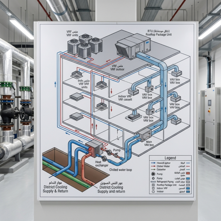 Modern HVAC layout featuring ducted systems, VRF units, rooftop packages, and district cooling in a UAE building