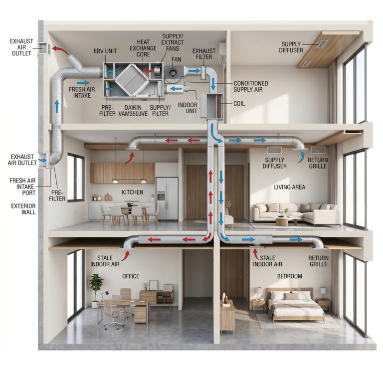 Modern HVAC system with fresh air intake, ERV unit, and duct airflow in a clean indoor environment