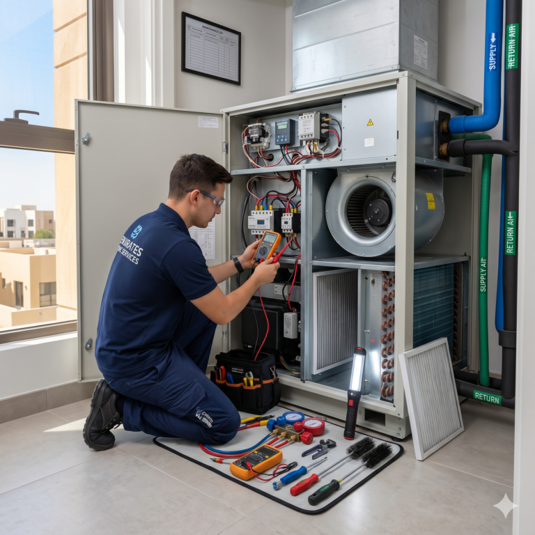Modern HVAC technician servicing a ducted AC unit in a clean UAE home setting