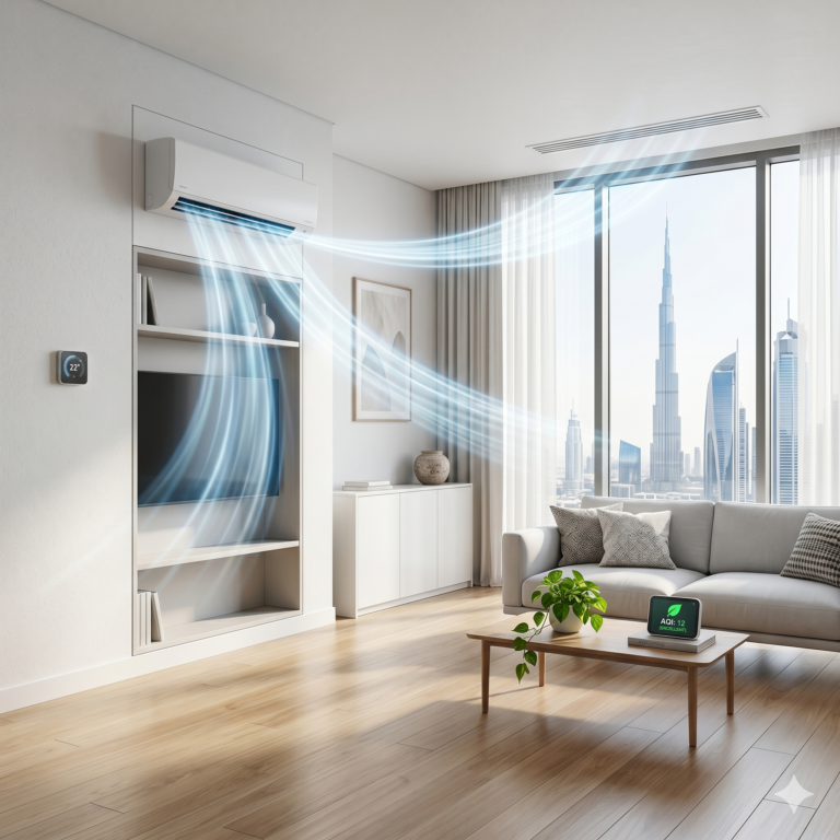 Modern UAE apartment interior with visible AC airflow and dust particles in a clean minimal setting, realistic lighting, no people, square composition