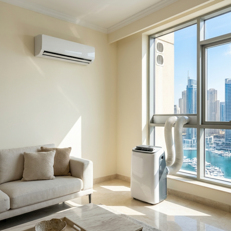 Modern UAE apartment interior with wall-mounted monoblock AC unit visible ventilation holes dual hose portable AC near window clean minimal setup realistic lighting no people square composition