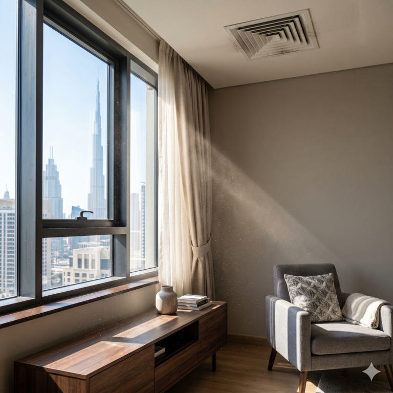 Modern UAE apartment with sunlight revealing dust near windows and AC vents realistic lighting clean minimal interior no people