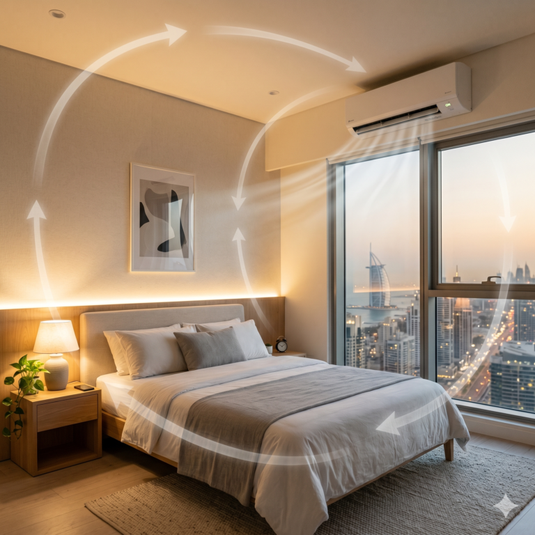 Modern UAE bedroom with AC airflow visualization - clean minimal no people