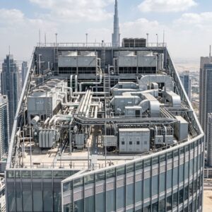 Modern UAE high-rise with rooftop HVAC systems and clean engineered façade under realistic lighting