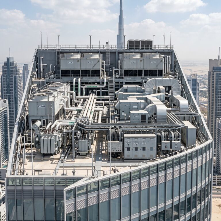 Modern UAE high-rise with rooftop HVAC systems and clean engineered façade under realistic lighting