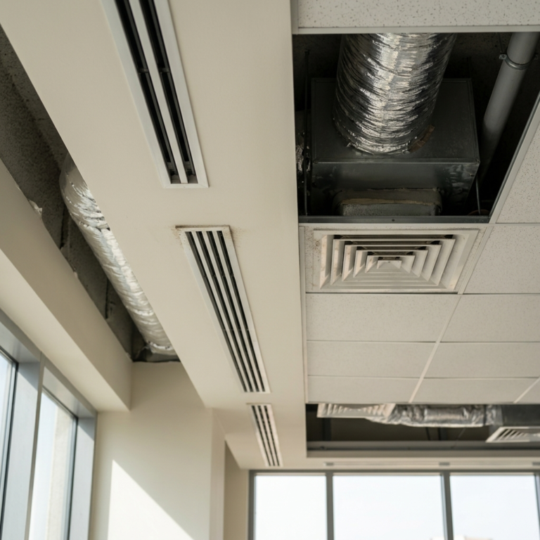 Modern ceiling AC vents and ducts in a clean UAE apartment with slight dust buildup and realistic lighting