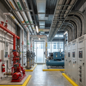 Modern commercial mechanical room with HVAC pipes, electrical panels, and fire safety systems—clean, organized, and highly detailed engineering environment, no people