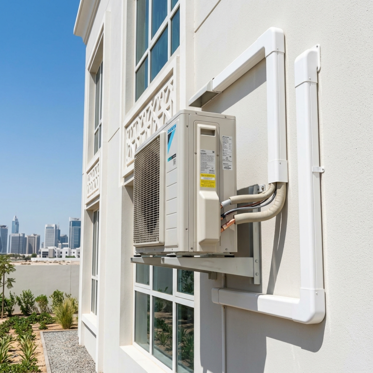 Modern ductless AC installation with wall-mounted outdoor unit, neatly routed copper pipes in white PVC trunking, UV-insulated, clean setup on a modern UAE building exterior