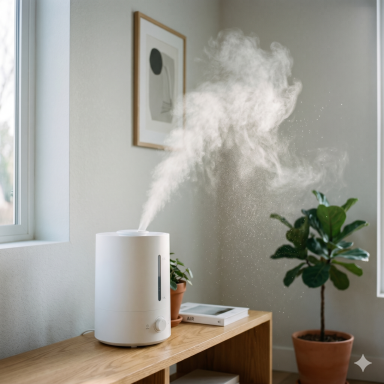 Modern humidifier releasing fine mist with visible airflow in a clean indoor space, minimal setup, realistic lighting, no people, square composition