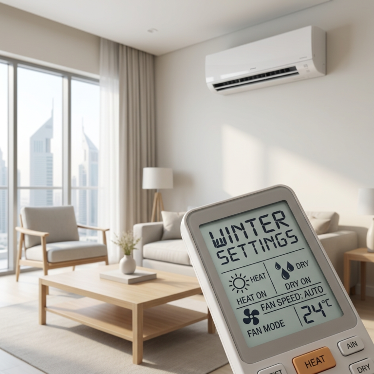Modern wall AC showing winter modes—heat, dry, and fan—on remote in a clean UAE apartment setting, soft lighting, no people, realistic square composition.