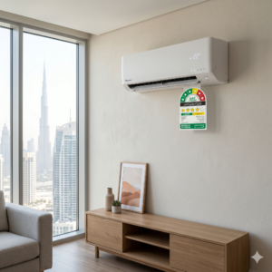 Modern wall-mounted split AC in a clean UAE apartment, with visible energy label and soft realistic lighting