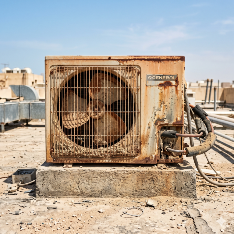 Old AC unit showing signs of wear and aging in UAE environment
