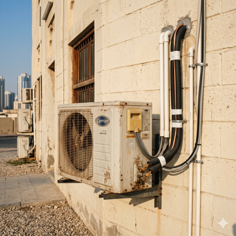 Old split AC unit reinstalled with outdoor condenser wall-mounted, visible copper piping, clean UAE exterior, realistic lighting, no people, detailed HVAC setup, square composition