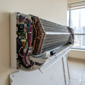 Open AC unit showing internal components for inspection