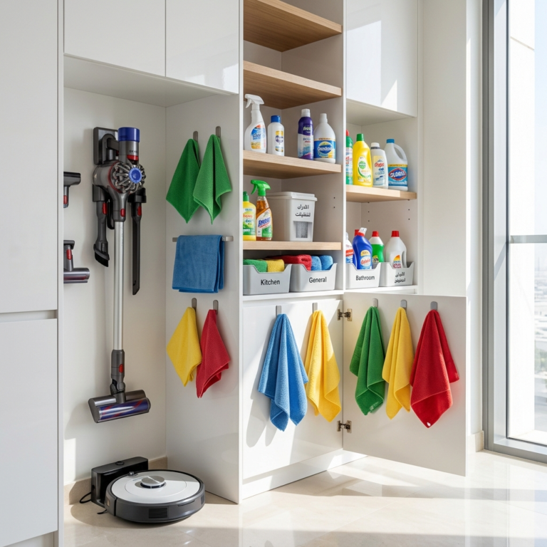 Organized home cleaning system setup di apartemen modern UAE