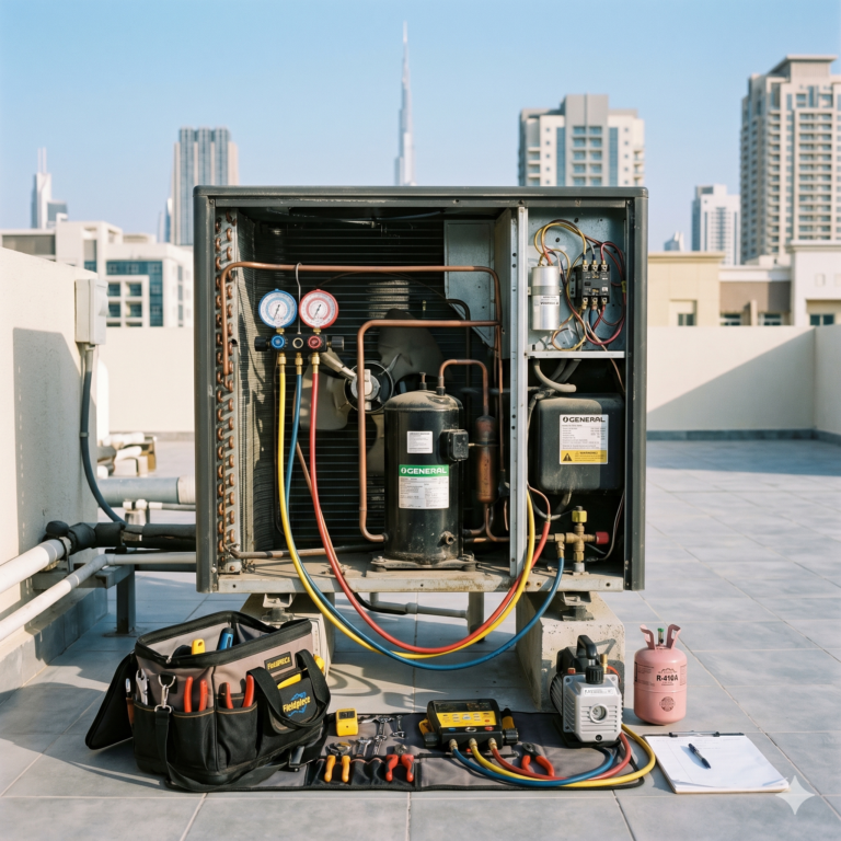 Outdoor AC compressor inspection setup on UAE rooftop