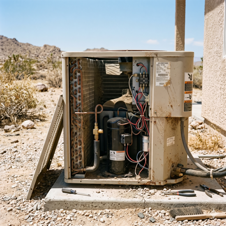 Outdoor AC compressor with open panel showing coils and wiring in a dusty desert setting, realistic lighting, no people, square frame