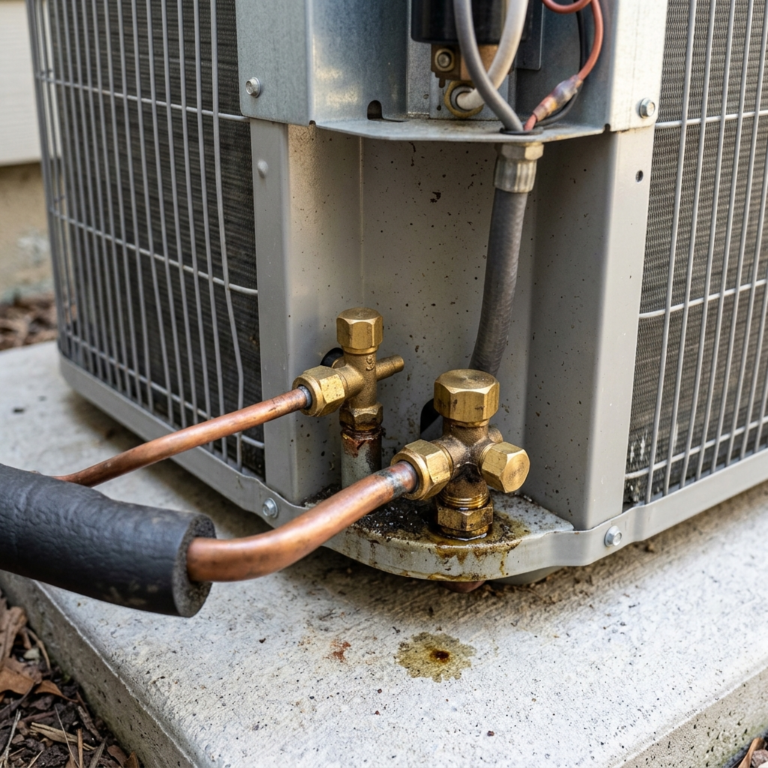 Outdoor AC condenser close-up with service valve ports, brass caps, and slight oil residue under realistic lighting