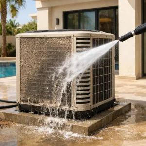 Outdoor AC unit being cleaned from dust buildup in Dubai