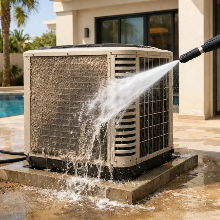 Outdoor AC unit being cleaned from dust buildup in Dubai