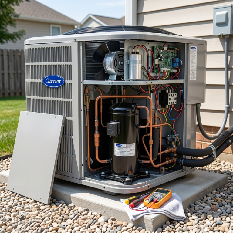 Outdoor AC unit being inspected with visible internal components