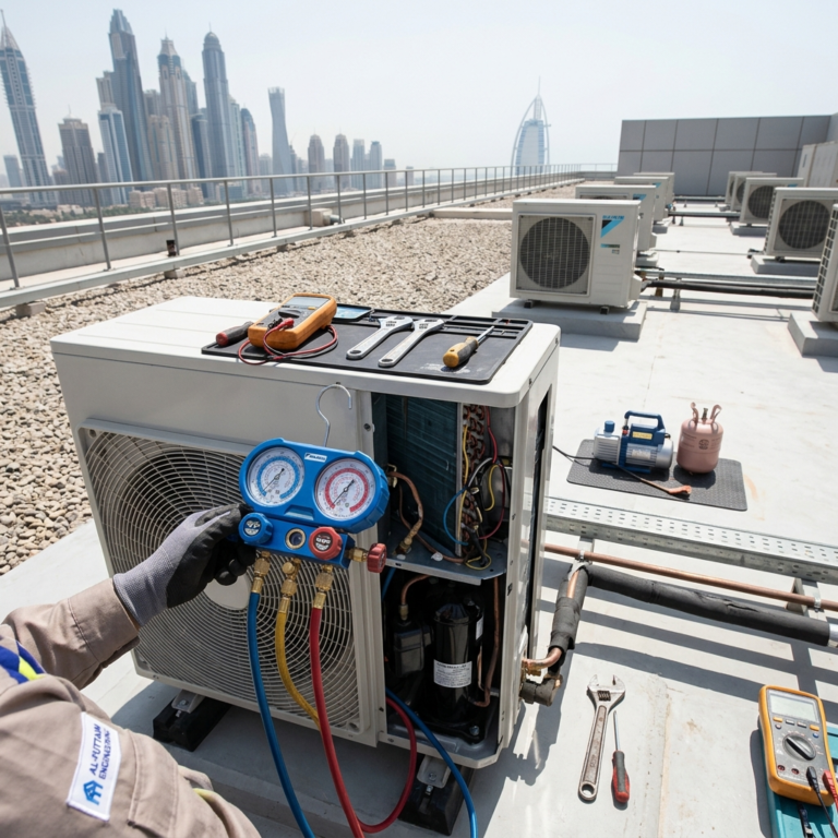 Outdoor AC unit being repaired with tools and gauges visible