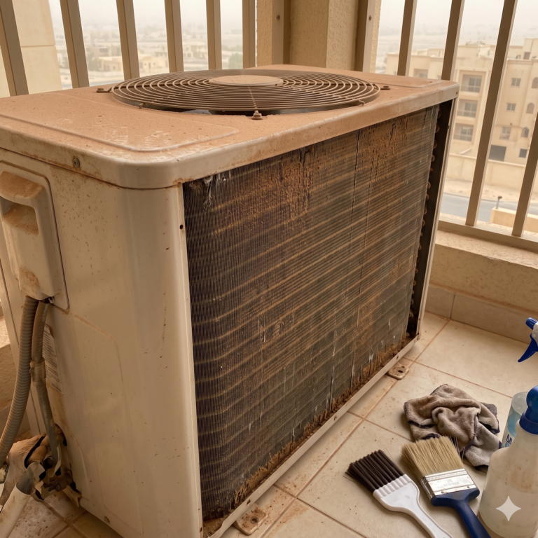 Outdoor AC unit cleaning process in dusty UAE environment