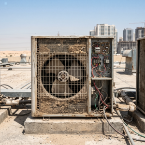 Outdoor AC unit in UAE showing dust buildup and heat exposure