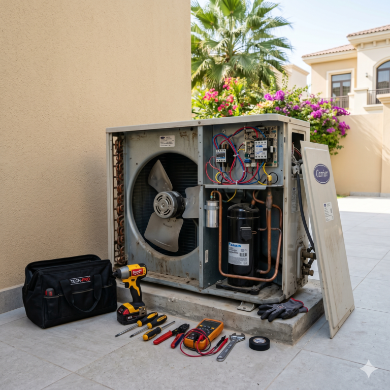 Outdoor AC unit inspection showing internal components clearly