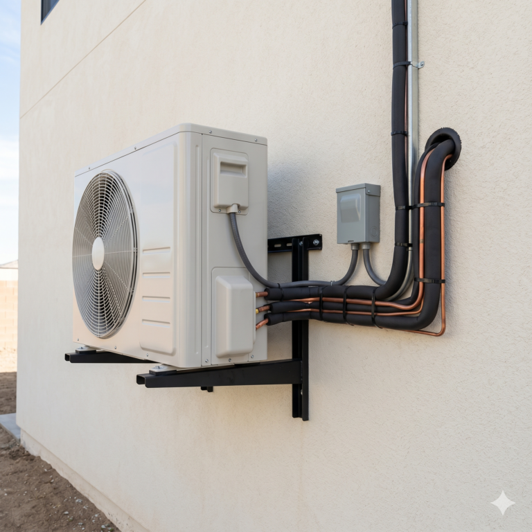 Outdoor AC unit installed neatly on villa wall with proper piping and insulation