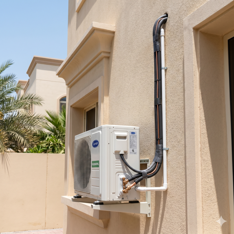 Outdoor AC unit installed on building exterior in UAE