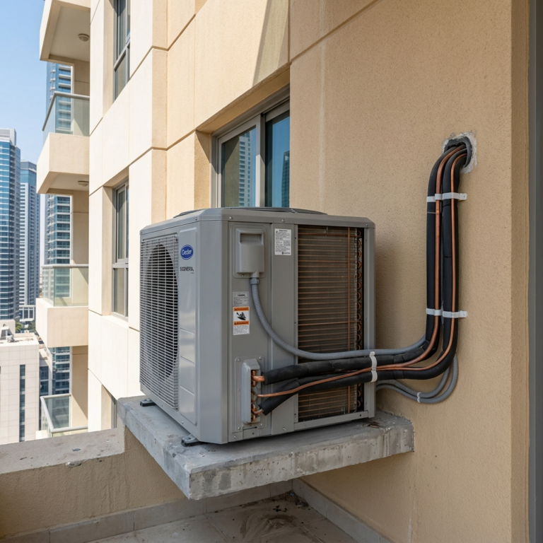 Outdoor AC unit installed outside a building with visible piping