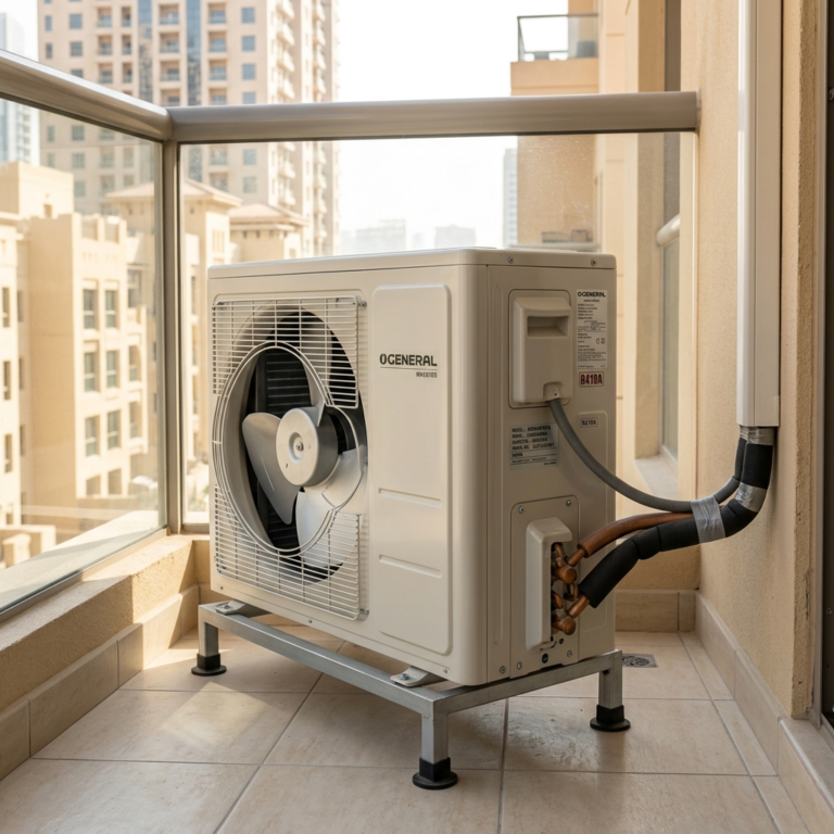 Outdoor AC unit installed properly on a UAE apartment balcony