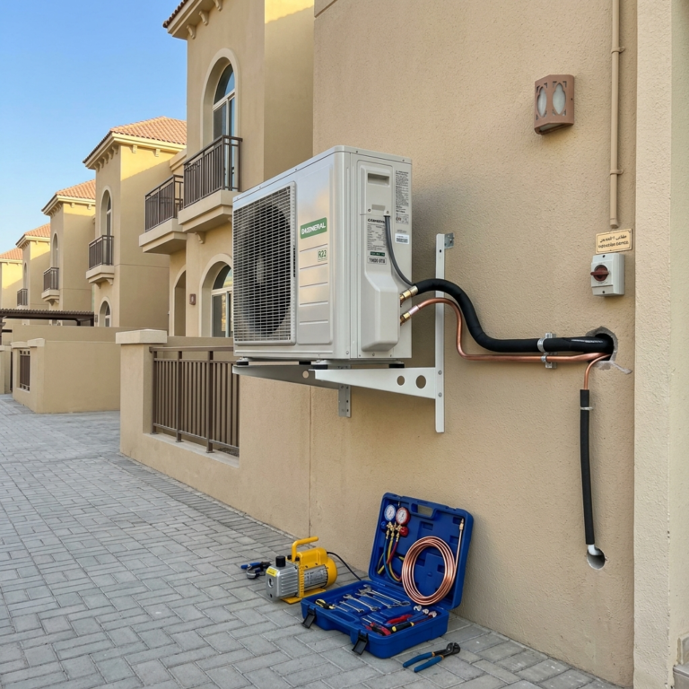 Outdoor AC unit mounted on wall bracket ready for safe removal