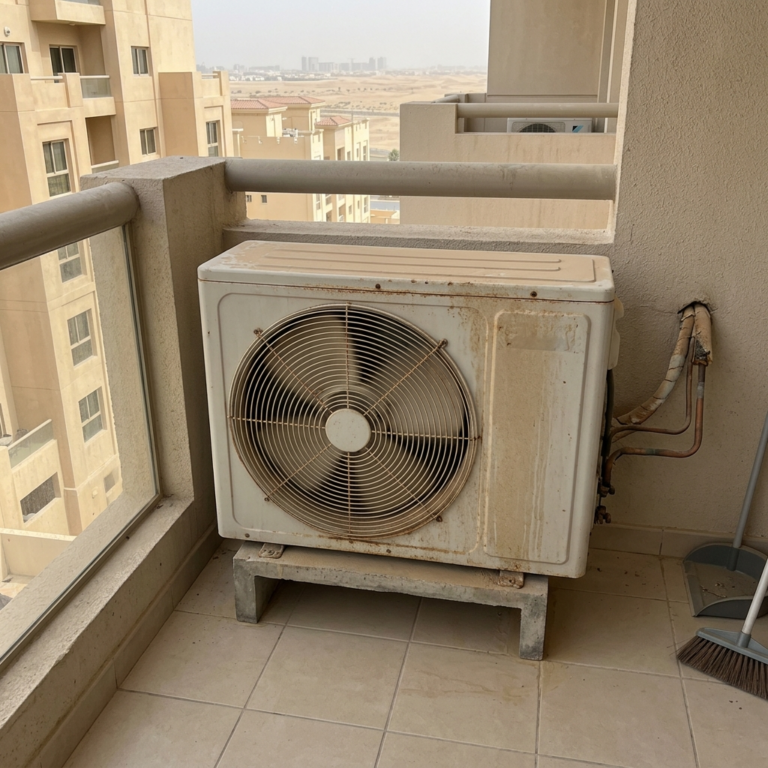 Outdoor AC unit on balcony showing vibration and dust buildup