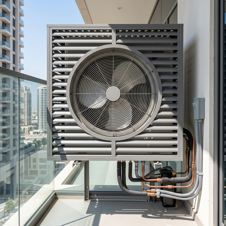 Outdoor AC unit on balcony with ventilated aluminum enclosure, exposed fan grill, proper clearance and open top exhaust in realistic UAE setting