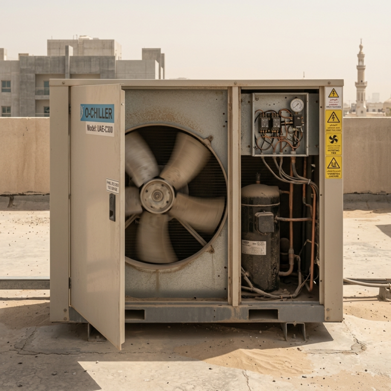 Outdoor AC unit showing internal components and vibration source in UAE setting