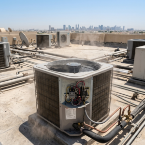 Outdoor AC unit showing vibration and component detail