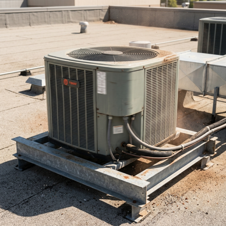 Outdoor AC unit vibrating on a rooftop metal base under harsh sunlight with dust and slight motion blur