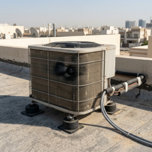 Outdoor AC unit vibrating on rooftop with visible mounts, pipes, and condenser fan, realistic UAE setting, no people, square frame