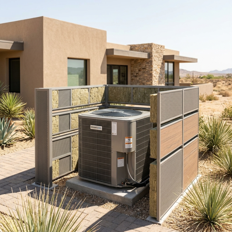 Outdoor AC unit with acoustic fence panels and airflow gaps in a desert villa, realistic lighting, no people, focus on ventilation and noise control